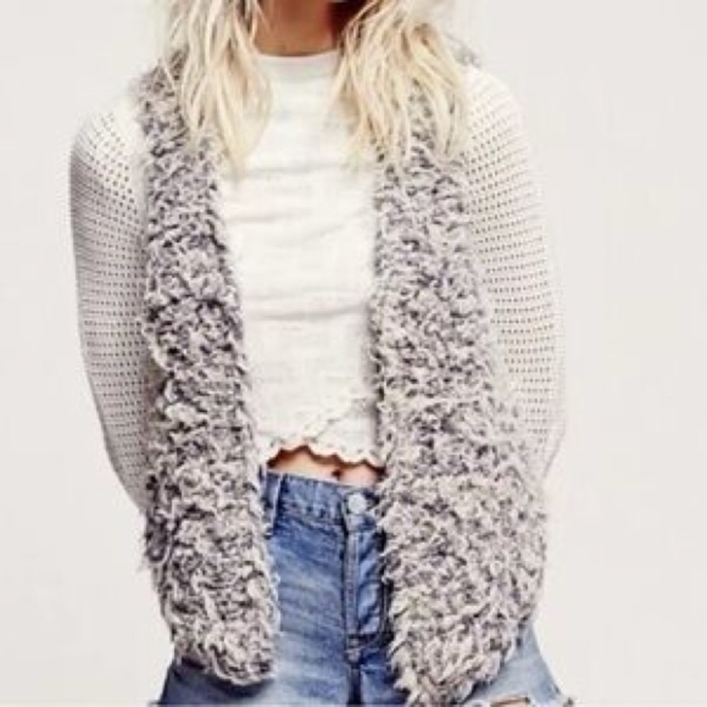 Free People Faux Fur Shag Vest Gray wool blend boho textured Vest L